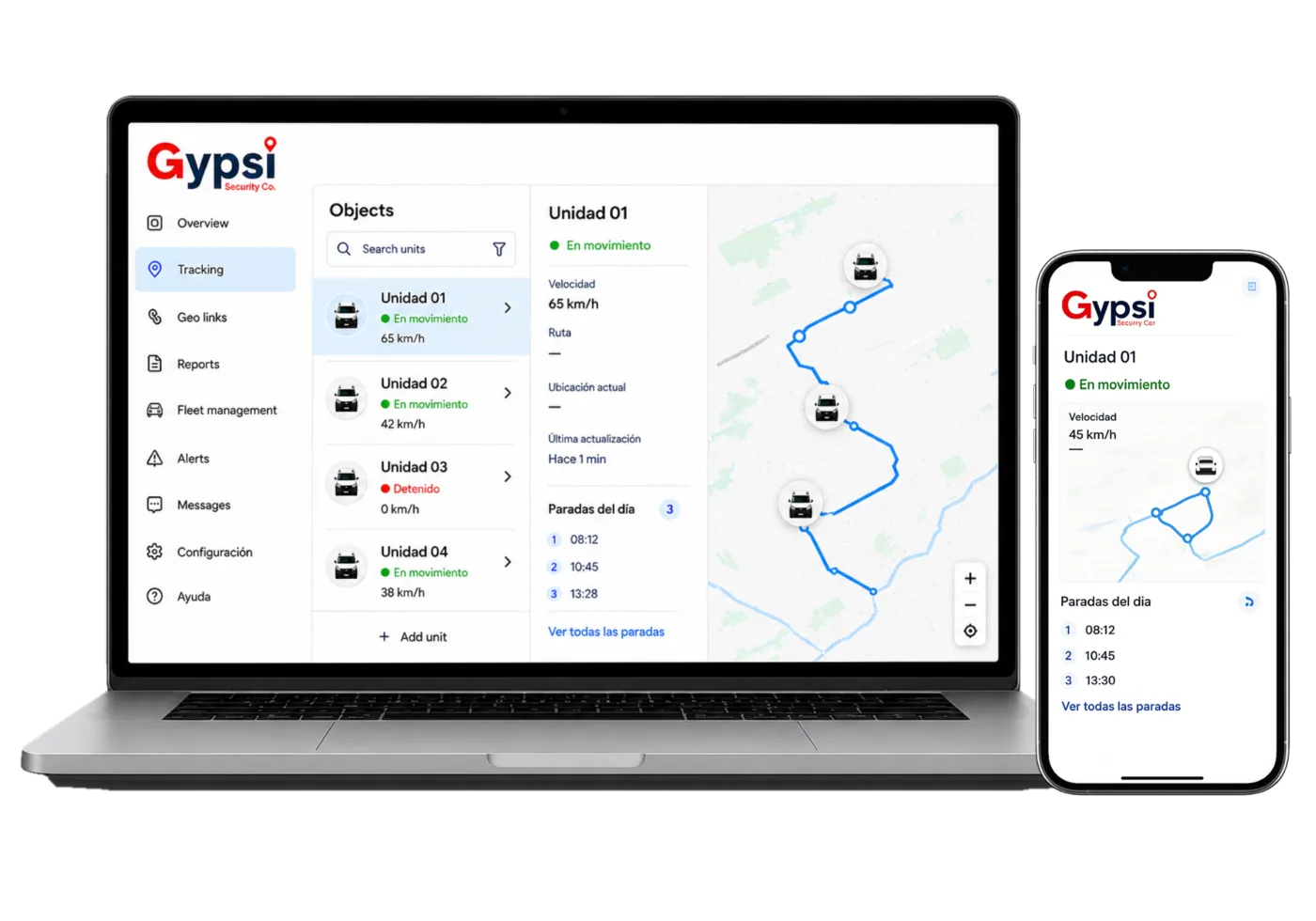 Plataforma Gypsi de gestión de flota en laptop y celular